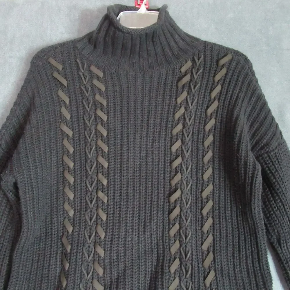 Express Sweater Womens Small Black Knit Ribbon Moto Long Sleeve Goth Grunge Punk